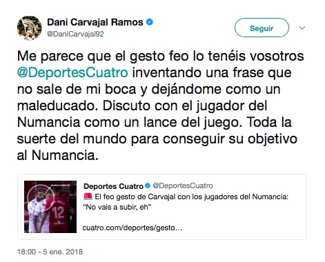 Carvajal estalla tras ser acusado de un feo gesto en Copa
