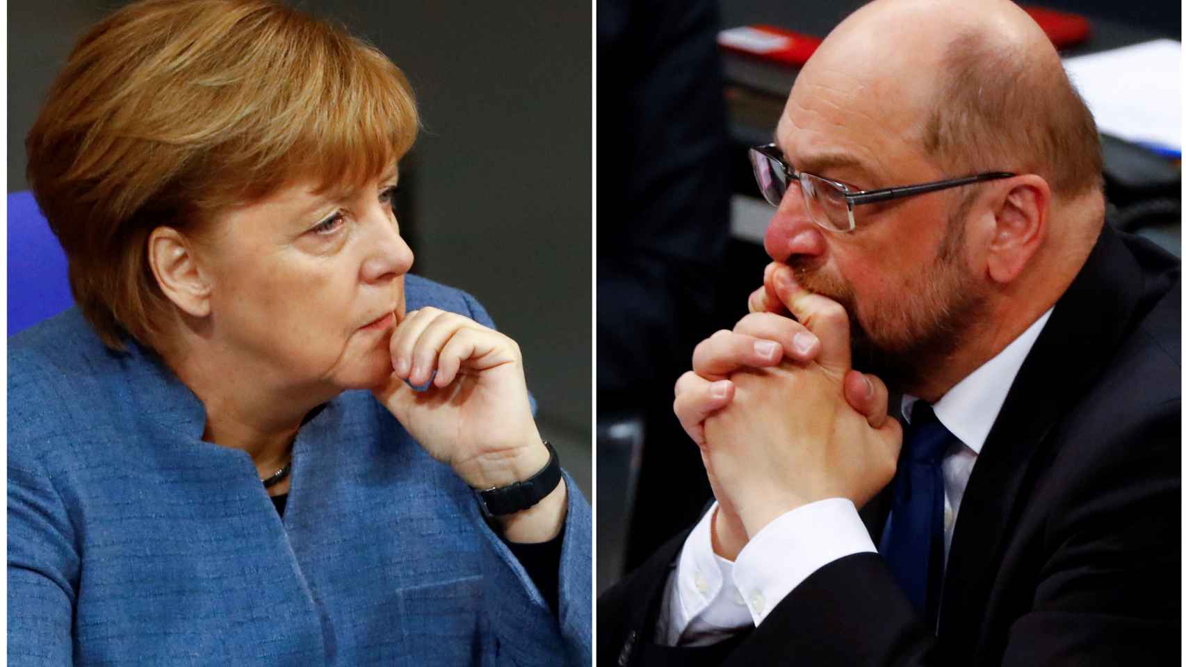 Merkel y Schulz en dos imágenes de archivo