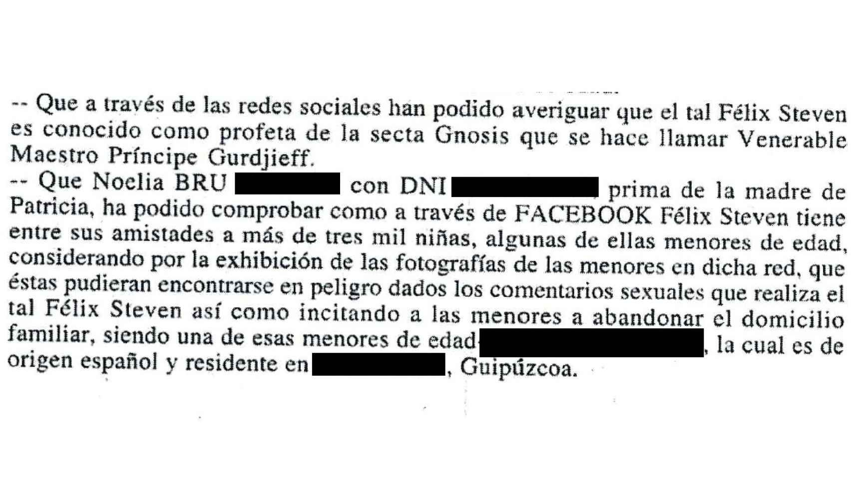 Parte de la denuncia presentada por la familia Aguilar, redactada por la abogada Maite Rojas de SOS Desaparecidos.