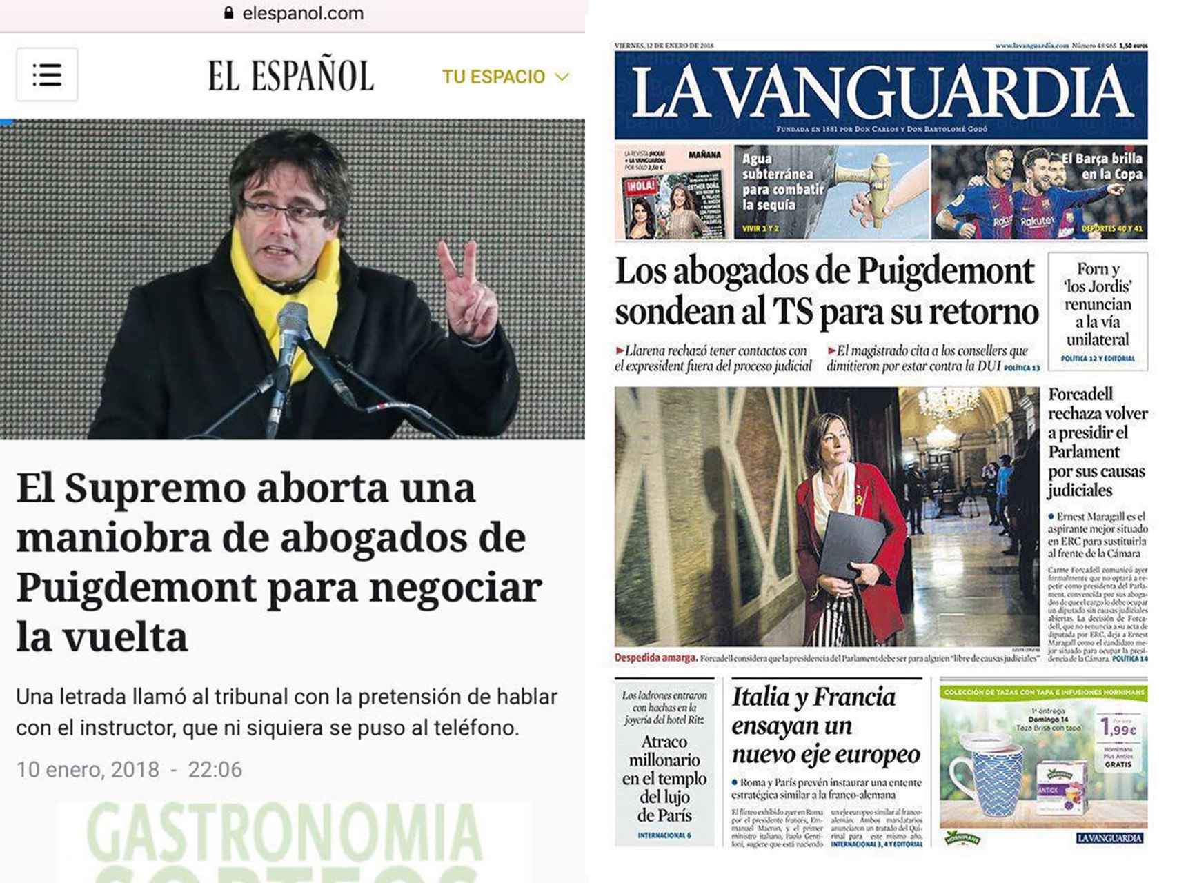Noticia de El Español del 10 de enero y portada de 'La Vanguardia' del 12 de enero.