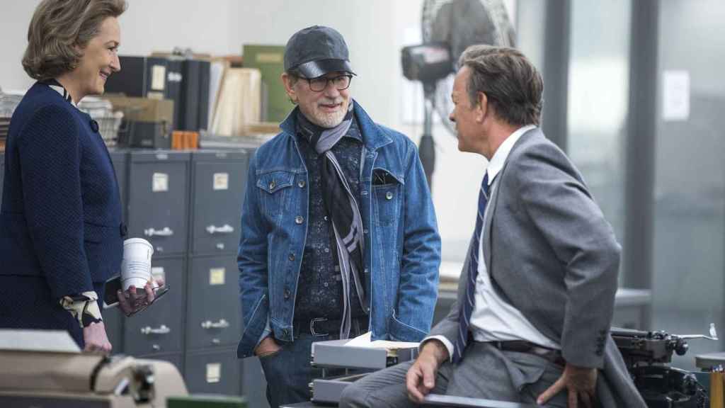 Meryl Streep, Spielberg y Tom Hanks en el rodaje de Los archivos del Pentágono.