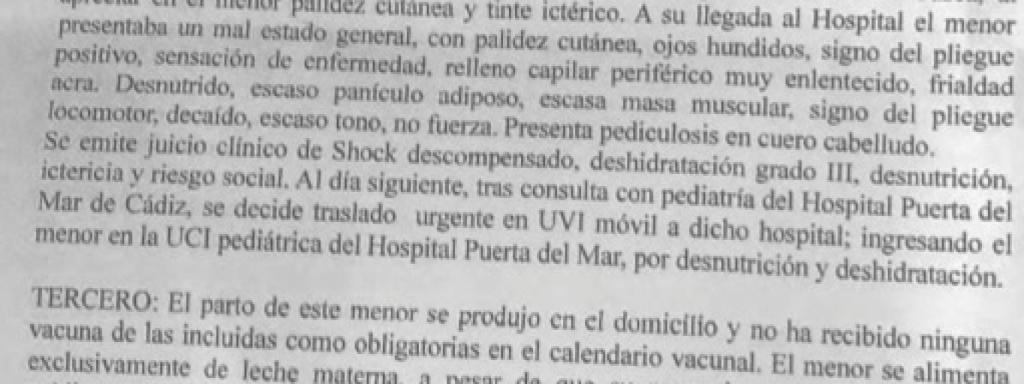 Cuadro clínico del bebé que aparece en el informe presentado por la Junta de Andalucía.