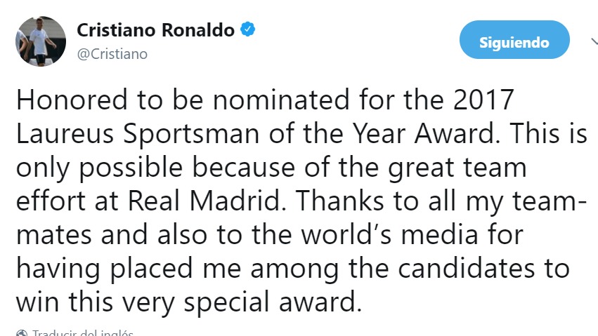 Cristiano se acuerda del Madrid en su nominación en los premios Laureus