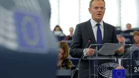 El presidente Tusk, durante el debate en la Eurocámara