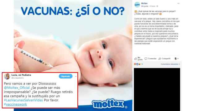 El post publicado por Moltex y la reacción de la pediatra Lucía Galán.