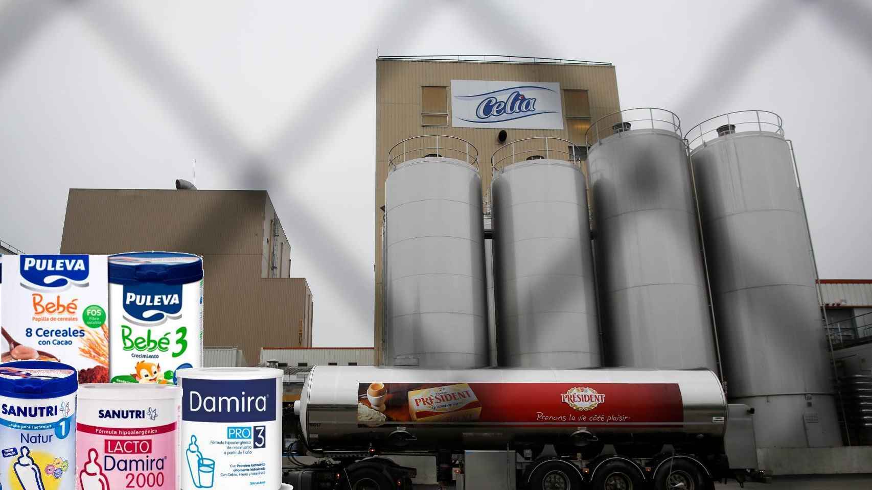 La fábrica de lácteos de Craon, Francia, junto a algunos de los productos retirados.
