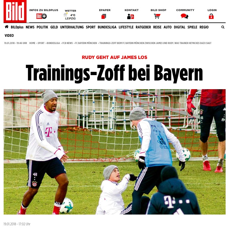 Pelea entre James y Rudy en el entrenamiento del Bayern