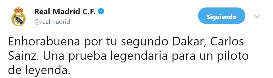 La felicitación del Real Madrid a Carlos Sainz tras el Dakar