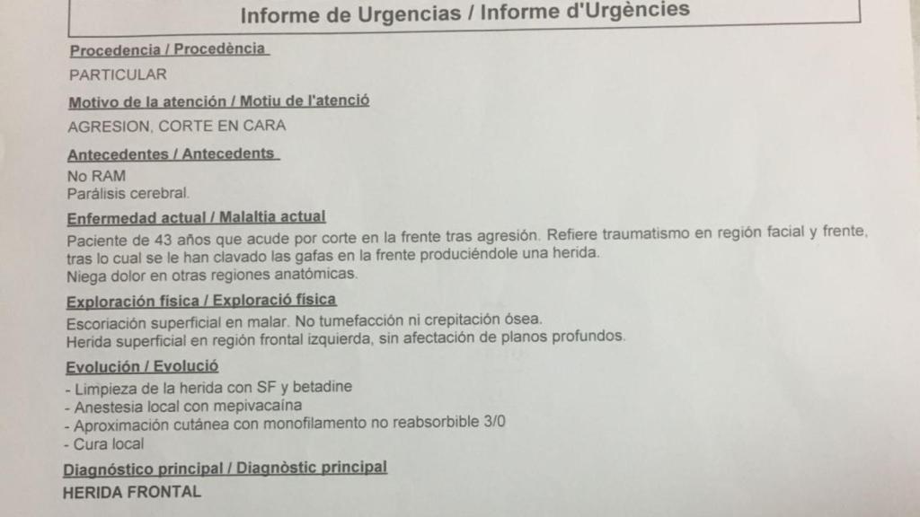 Parte médico de Enrique Marí tras recibir atención en el hospital Clínico de Valencia.