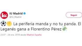 El tuit con el que IU en Madrid celebró la derrota del Real Madrid.