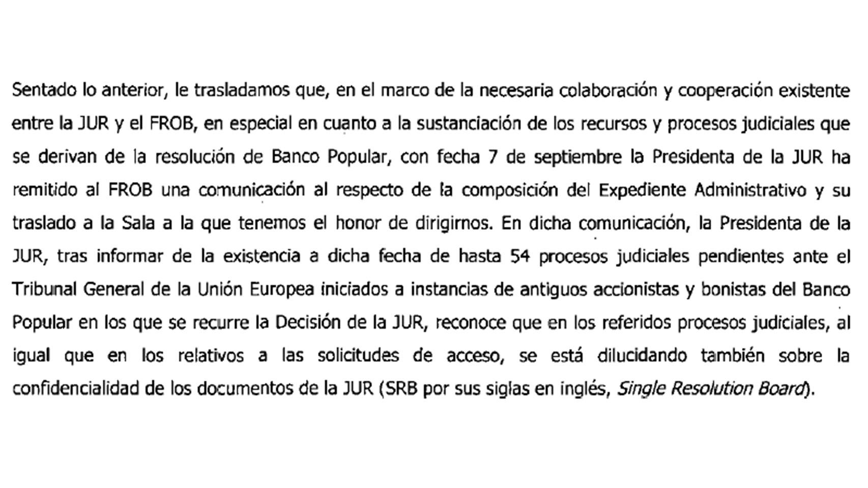 Extracto de la carta remitida por el FROB a la Audiencia Nacional a la que ha tenido acceso EL ESPAÑOL.