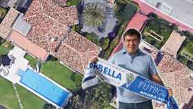 Alexander Grinberg, presidente del Club de Fútbol Marbella, y vista aérea de una de las mansiones utilizadas por los detenidos.