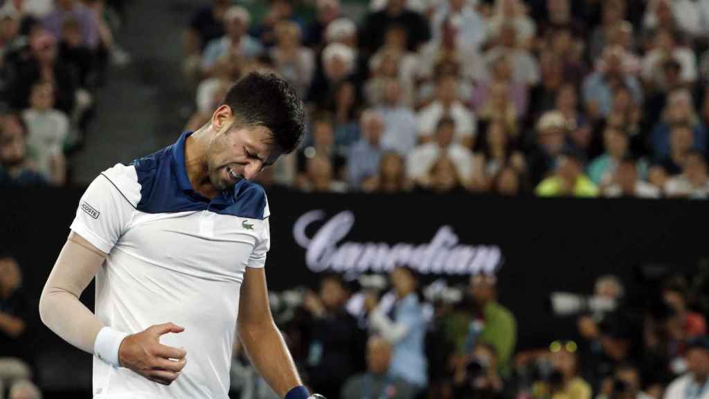 Djokovic, lamentándose en su partido contra Chung.