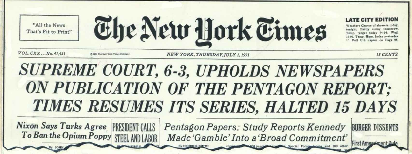 Portada del The New York Times del 1 de julio de 1971.