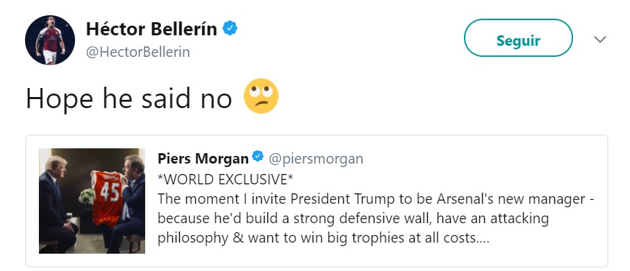 La pullita de Bellerín a Trump al recibir un regalo del Arsenal