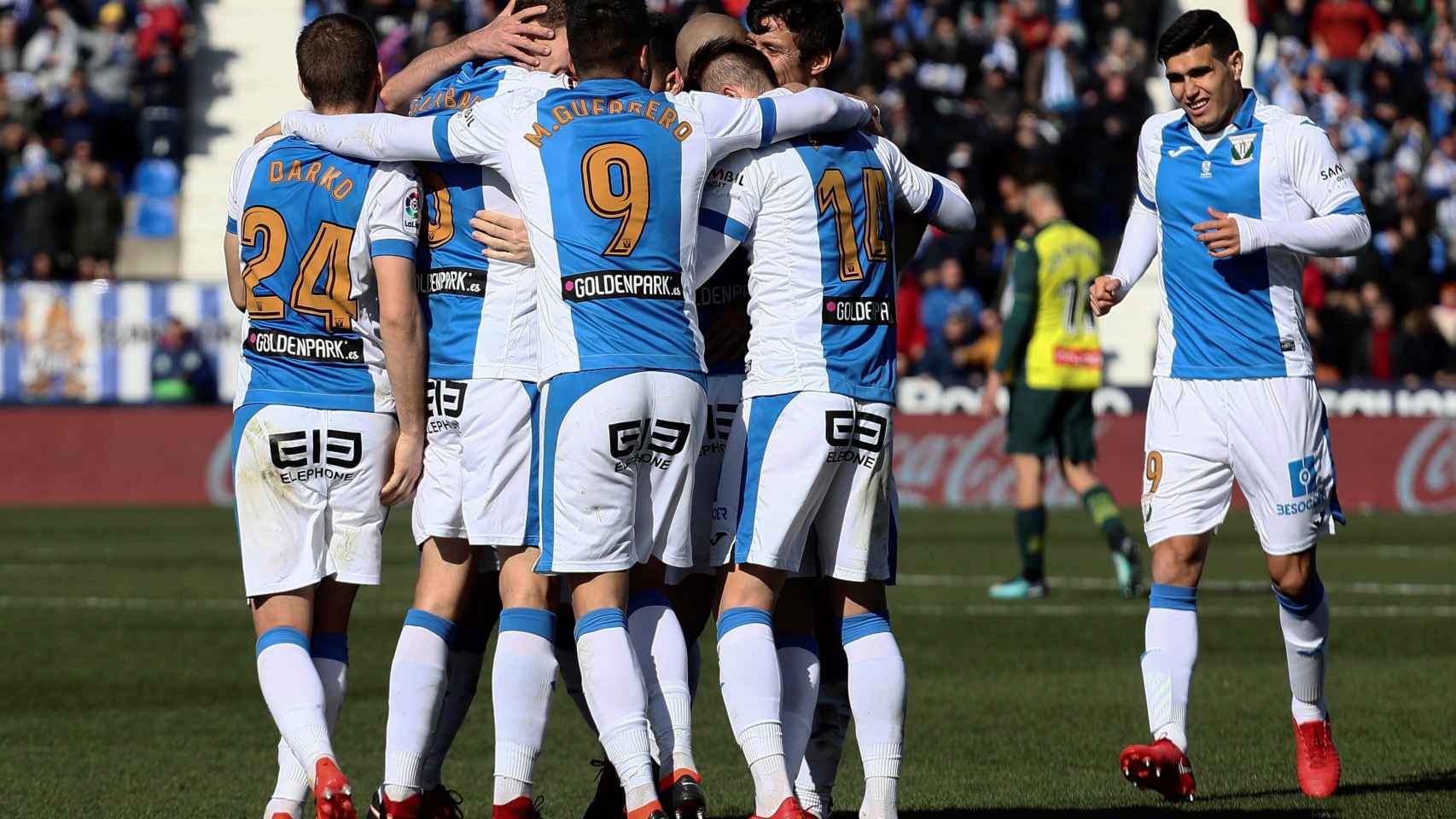 Jugadores del Leganés celebran un gol en Butarque.