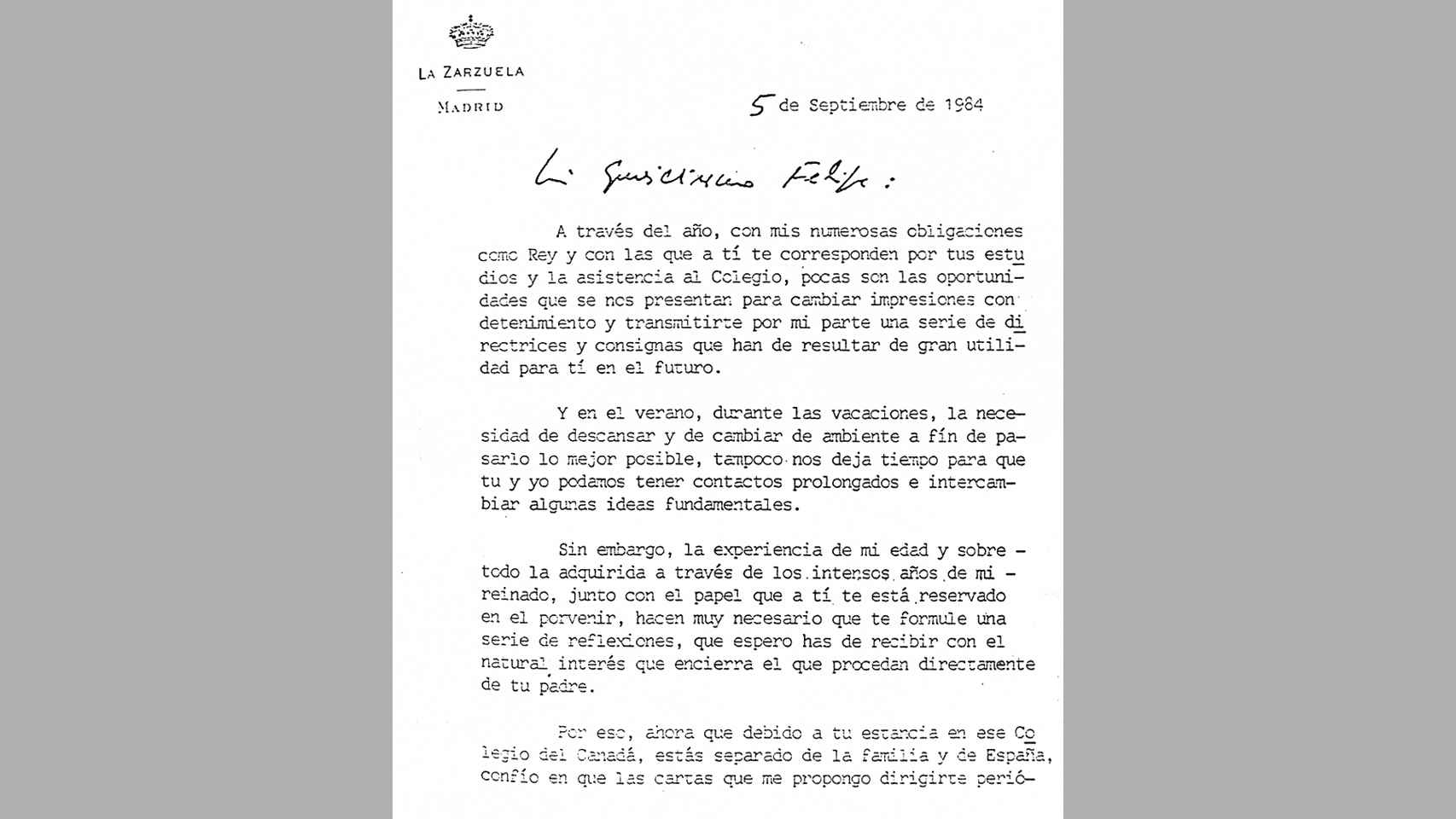 Carta enviada por el rey emérito a su hijo Felipe el 5 de septiembre de 1984