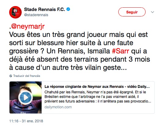 El Rennes lanza un dardo a Neymar tras su polémico gesto