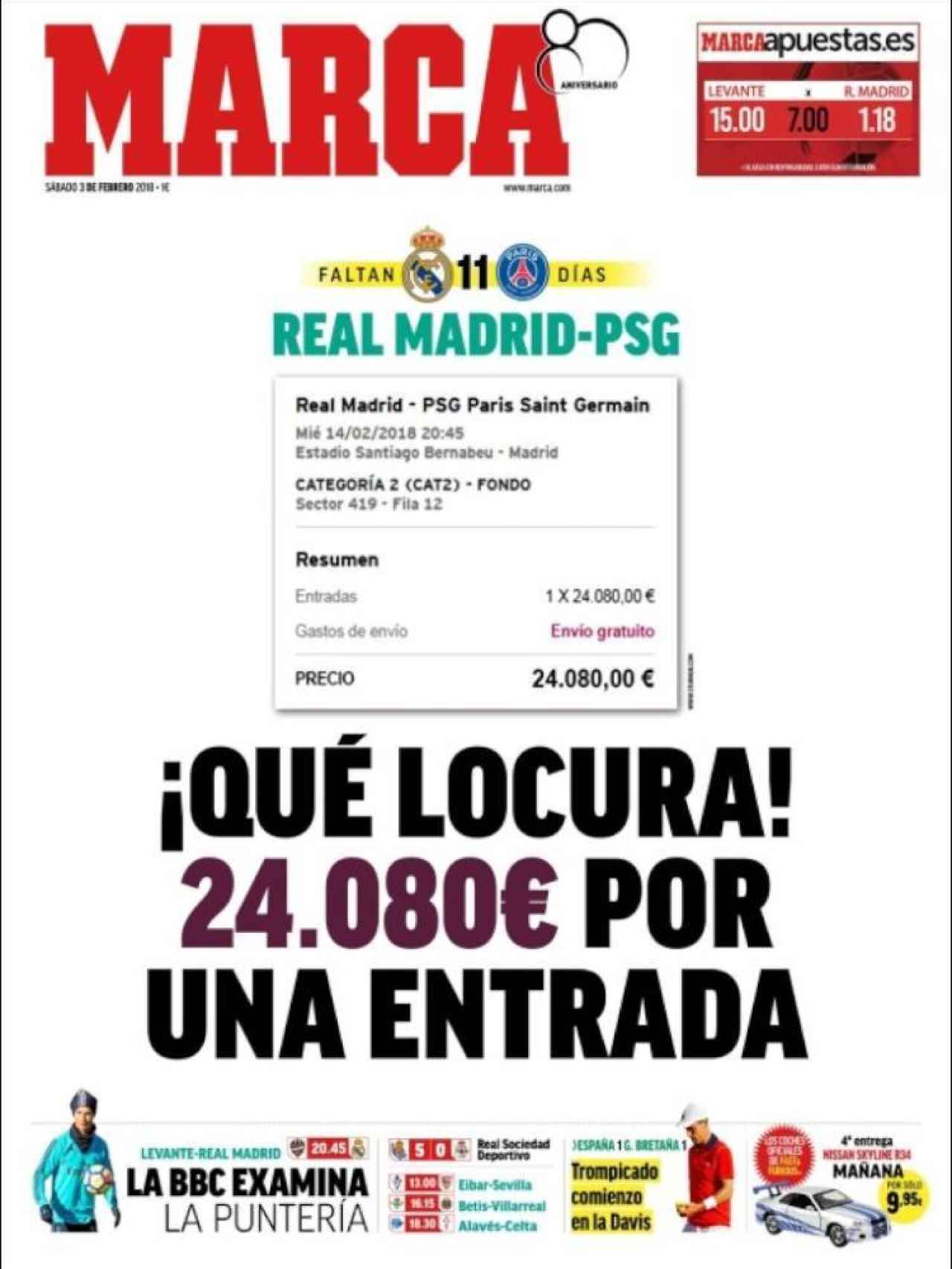 MARCA abre con los elevados precios que se llegan a pagar por una entrada del Real Madrid - PSG.