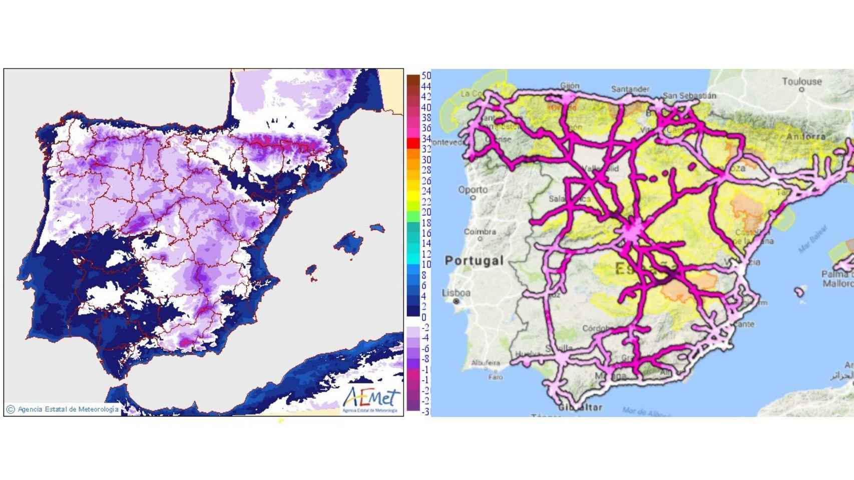 Mapa de heladas y estado de las carreteras a 06/02/2018.