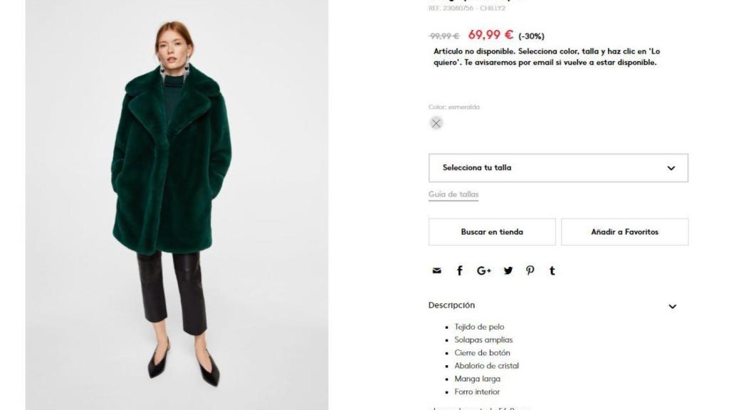 Captura de la compra online del abrigo.