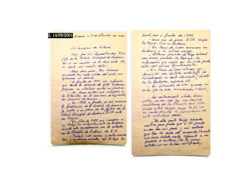 Carta de Joxeba Pagazaurtundúa dirigida al consejero Balza.