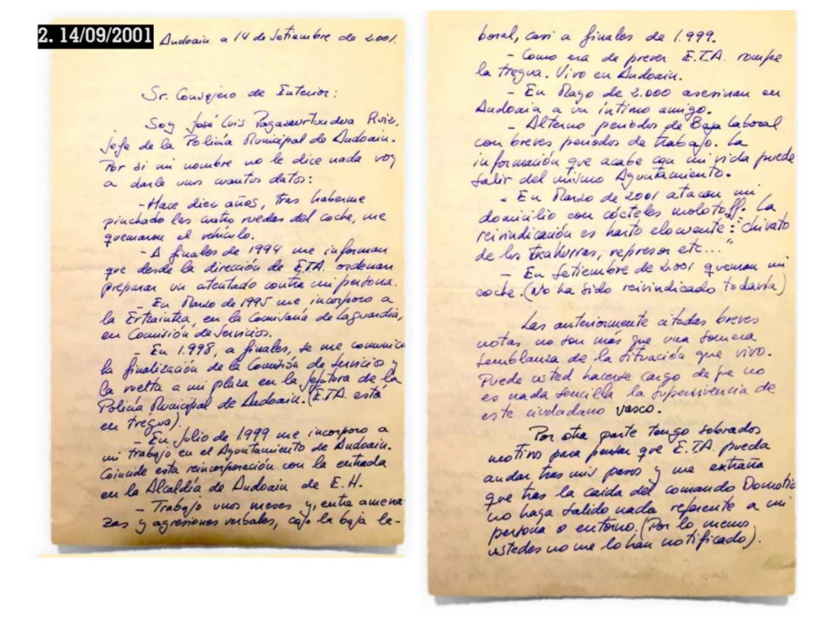 Carta de Joxeba Pagazaurtundúa dirigida al consejero Balza.