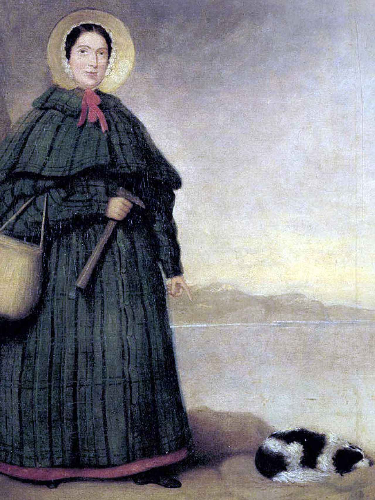 Retrato de Mary Anning con su perro Try y el afloramiento Golden Cap al fondo.