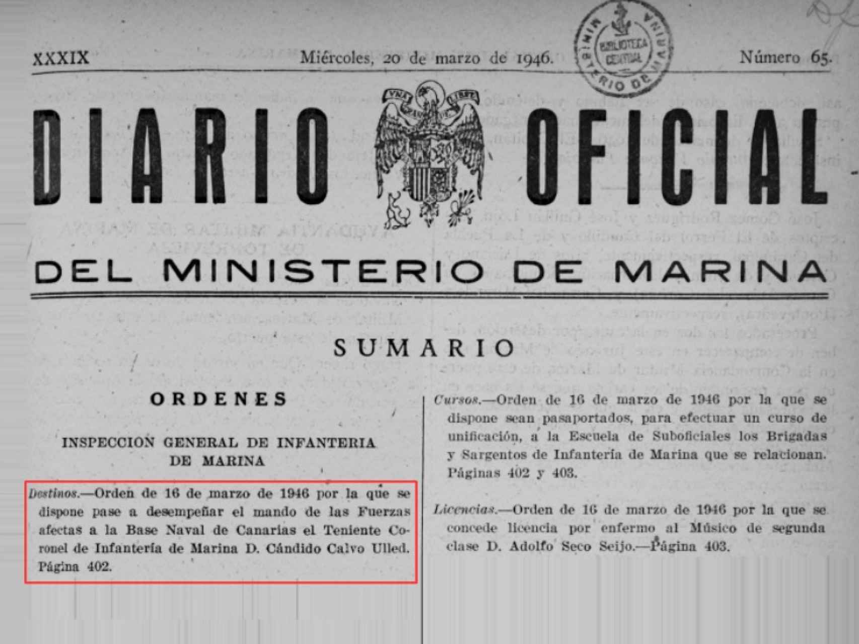 Extracto del Diario Oficial del Ministerio de Marina.