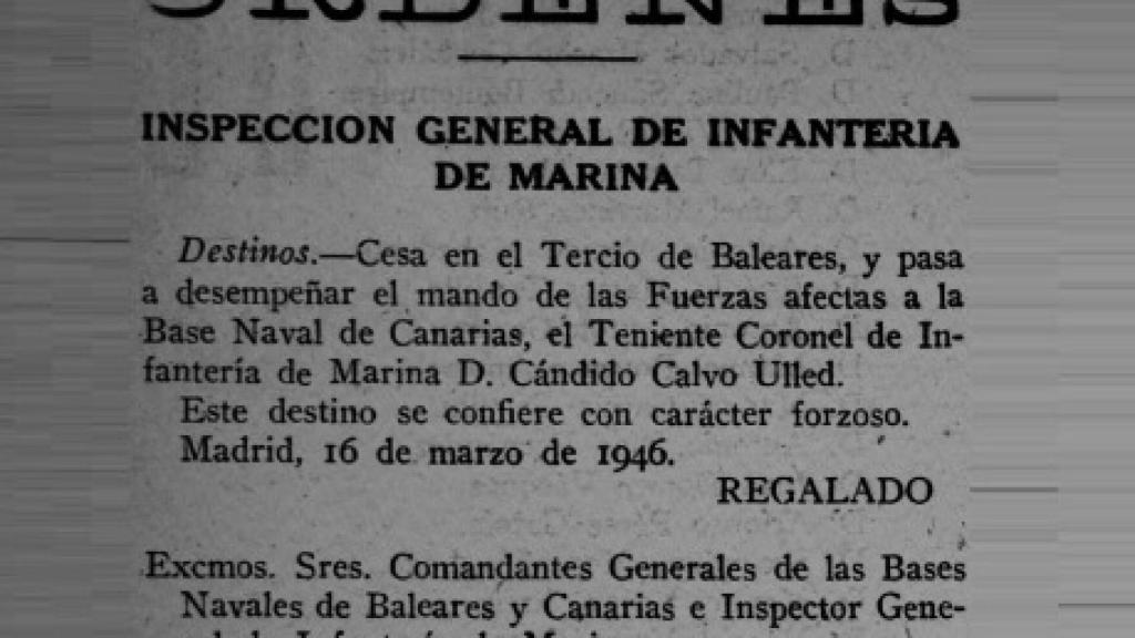 Detalle del destino de Cándido Calvo.