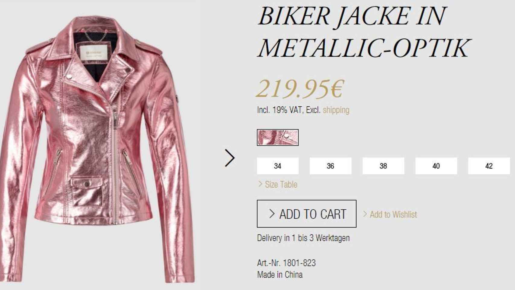 Captura de la compra online de la chaqueta.
