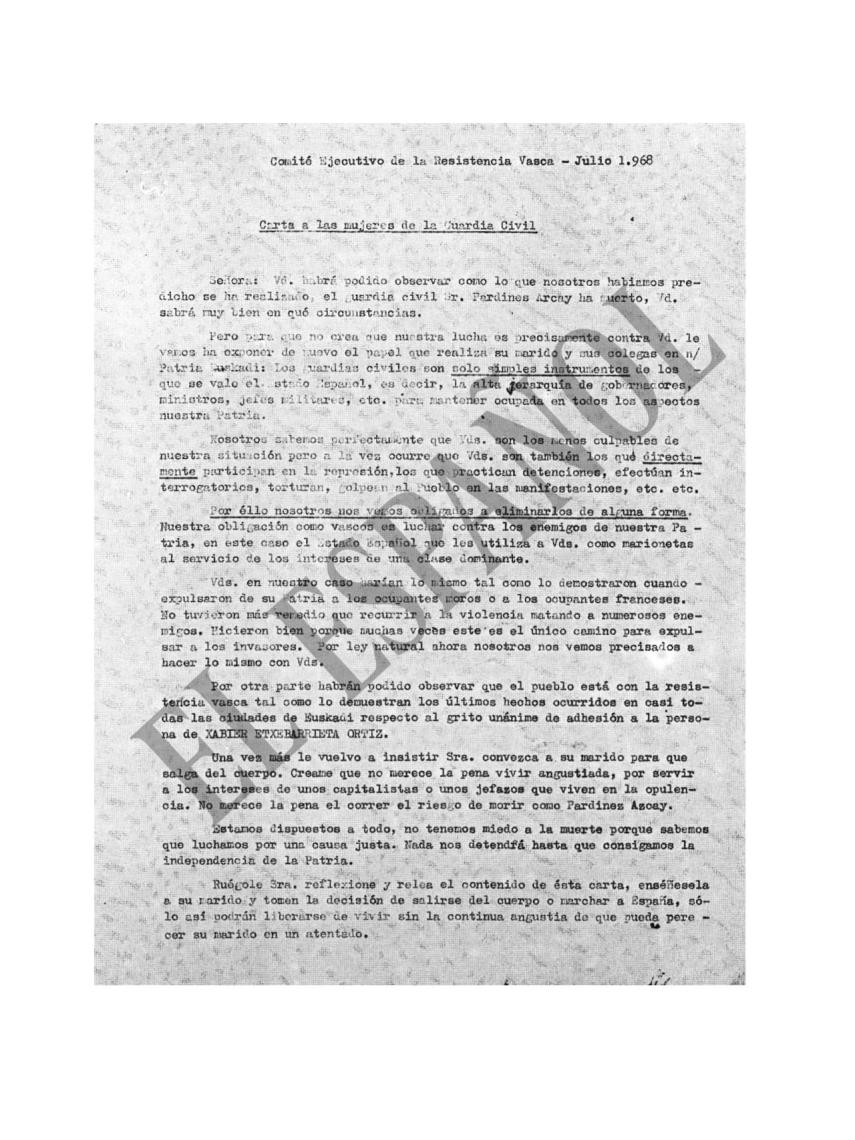 Carta enviada por la rama psicológica de ETA a las mujeres de los guardias civiles.