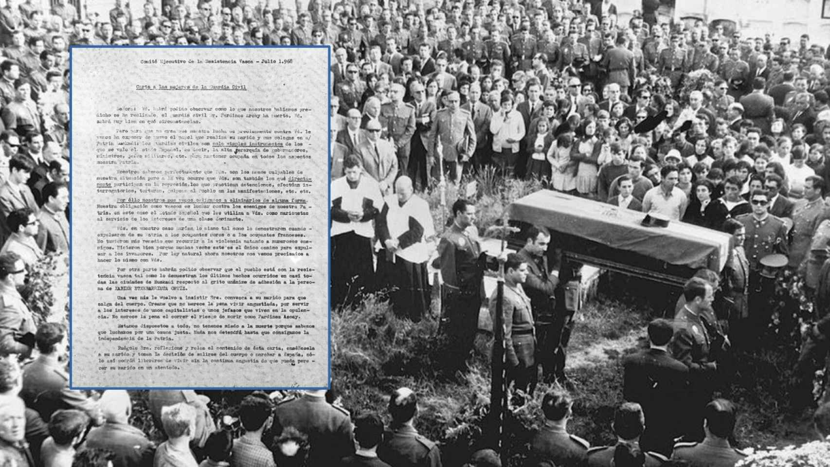 De fondo, el funeral del guardia civil Pardines; en primer plano, la carta de ETA.
