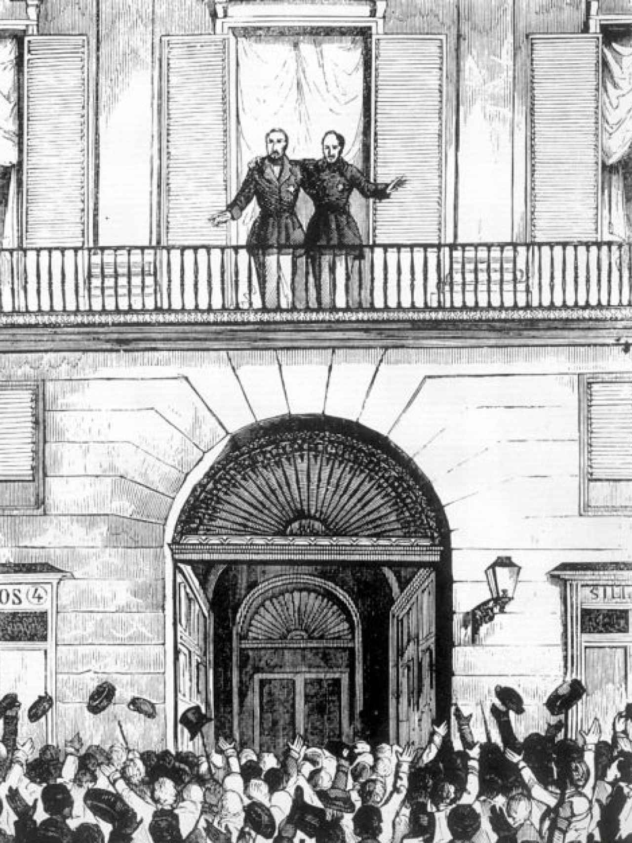 Representación del abrazo entre O'Donnell y Espartero en el balcón de la Puerta del Sol, en 1854.