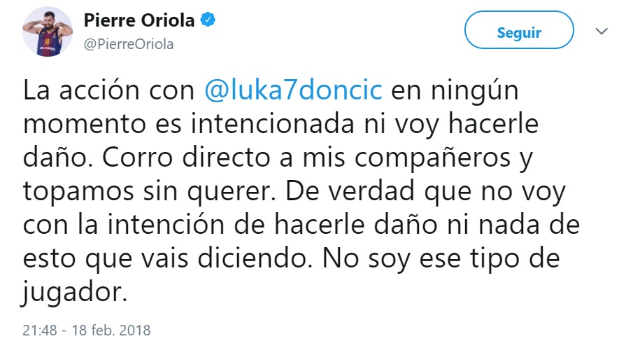 Oriola se explica tras su polémico choque con Doncic