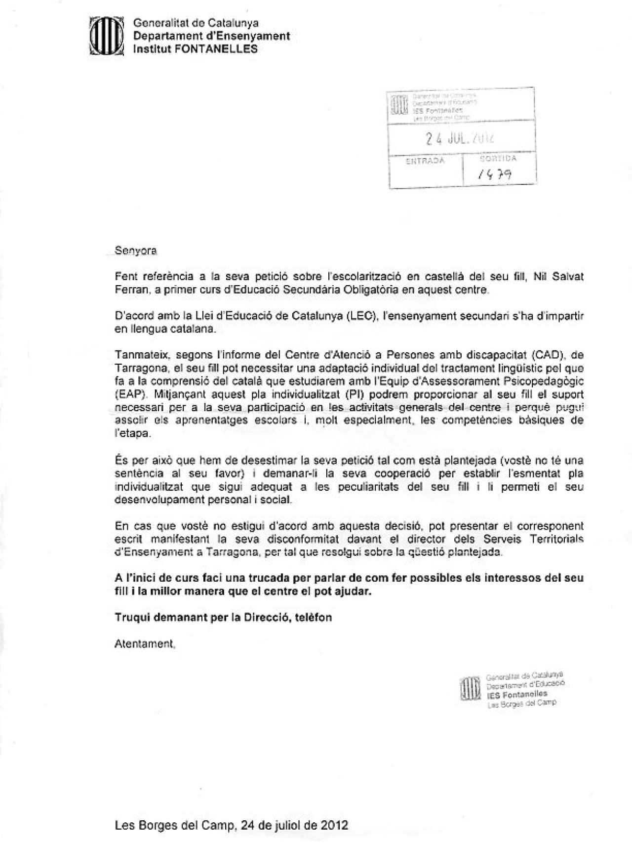 Carta remitida por el Instituto Fontanelles de les Borges del Camp en 2012