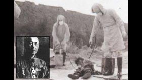 Retrato militar de Shiro Ishii, junto a una evidencia fotográfica de los experimentos biológicos del Escuadrón 731 sobre una víctima china.