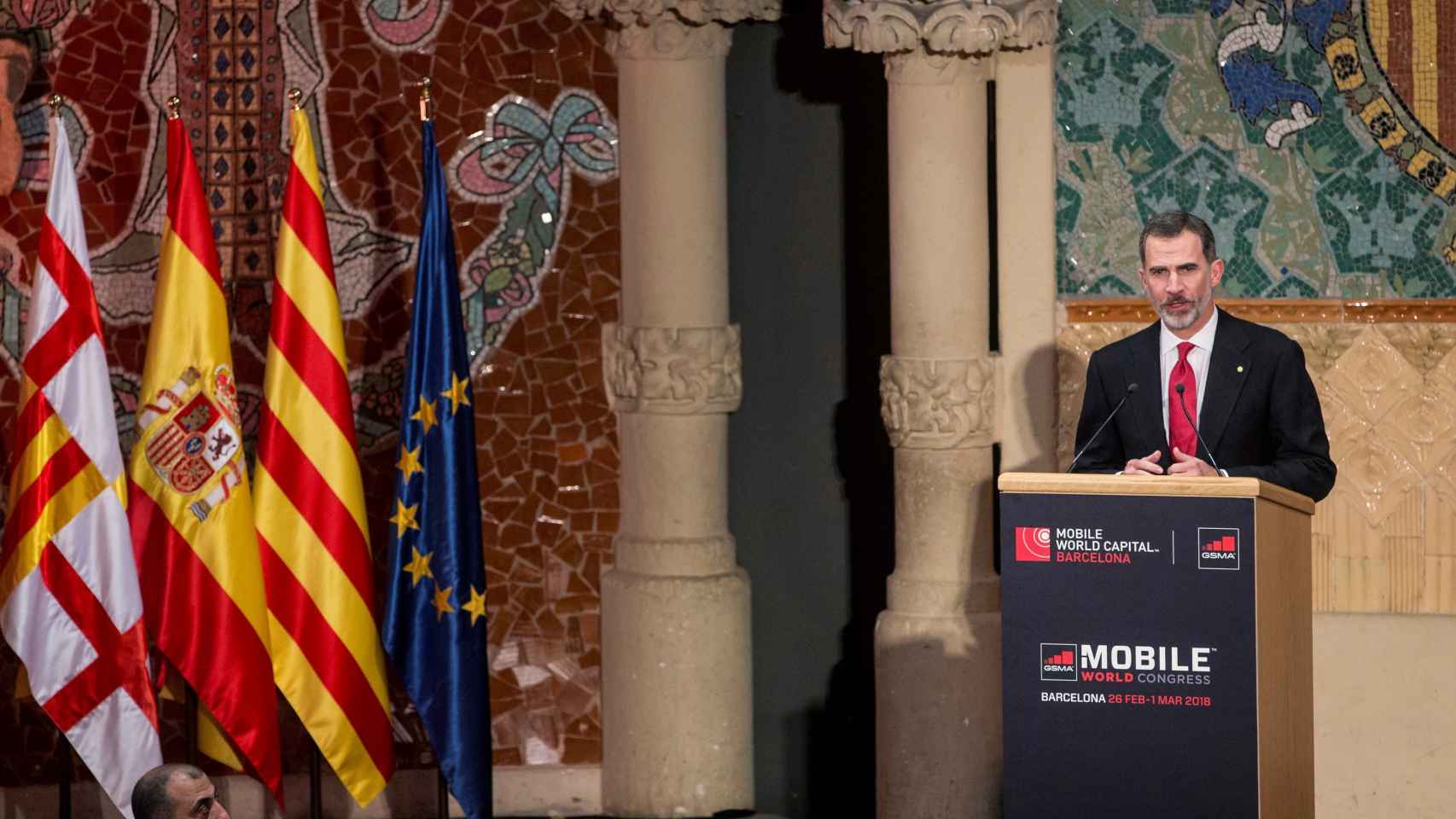 El rey Felipe VI en su discurso en el Mobile World Congress este domingo.