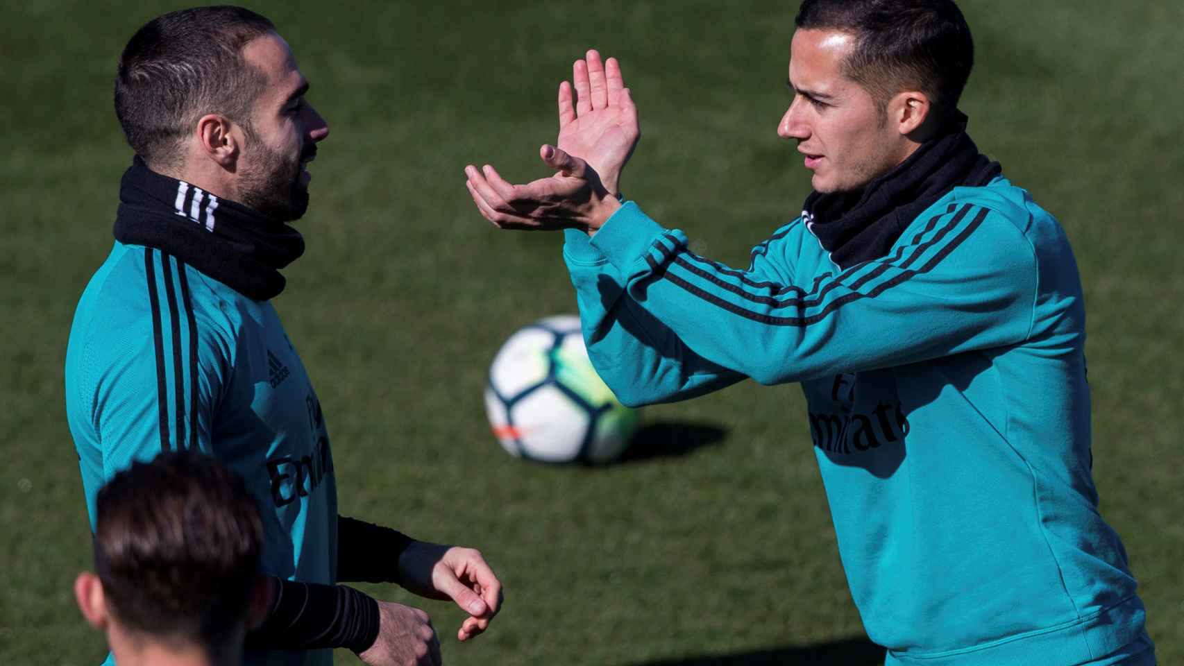 Carvajal y Lucas, en el entrenamiento previo al duelo ante el Espanyol.