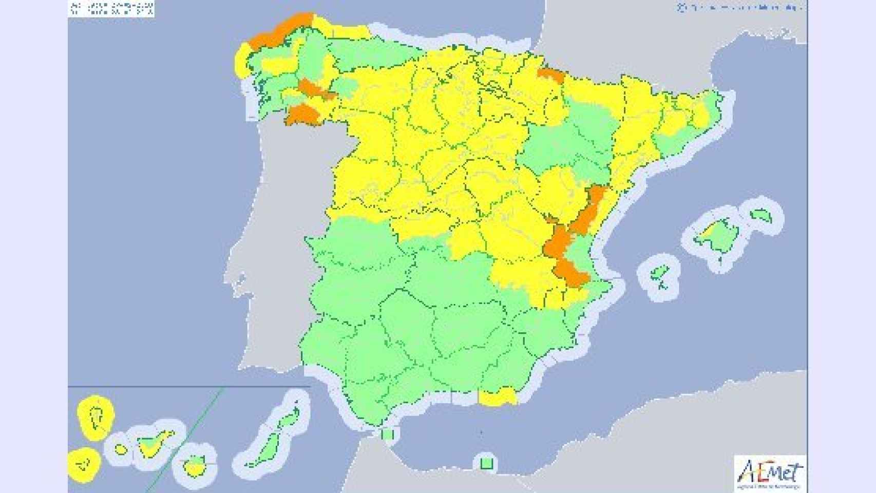 Mapa de España con los avisos por temperaturas mínimas o nevadas.