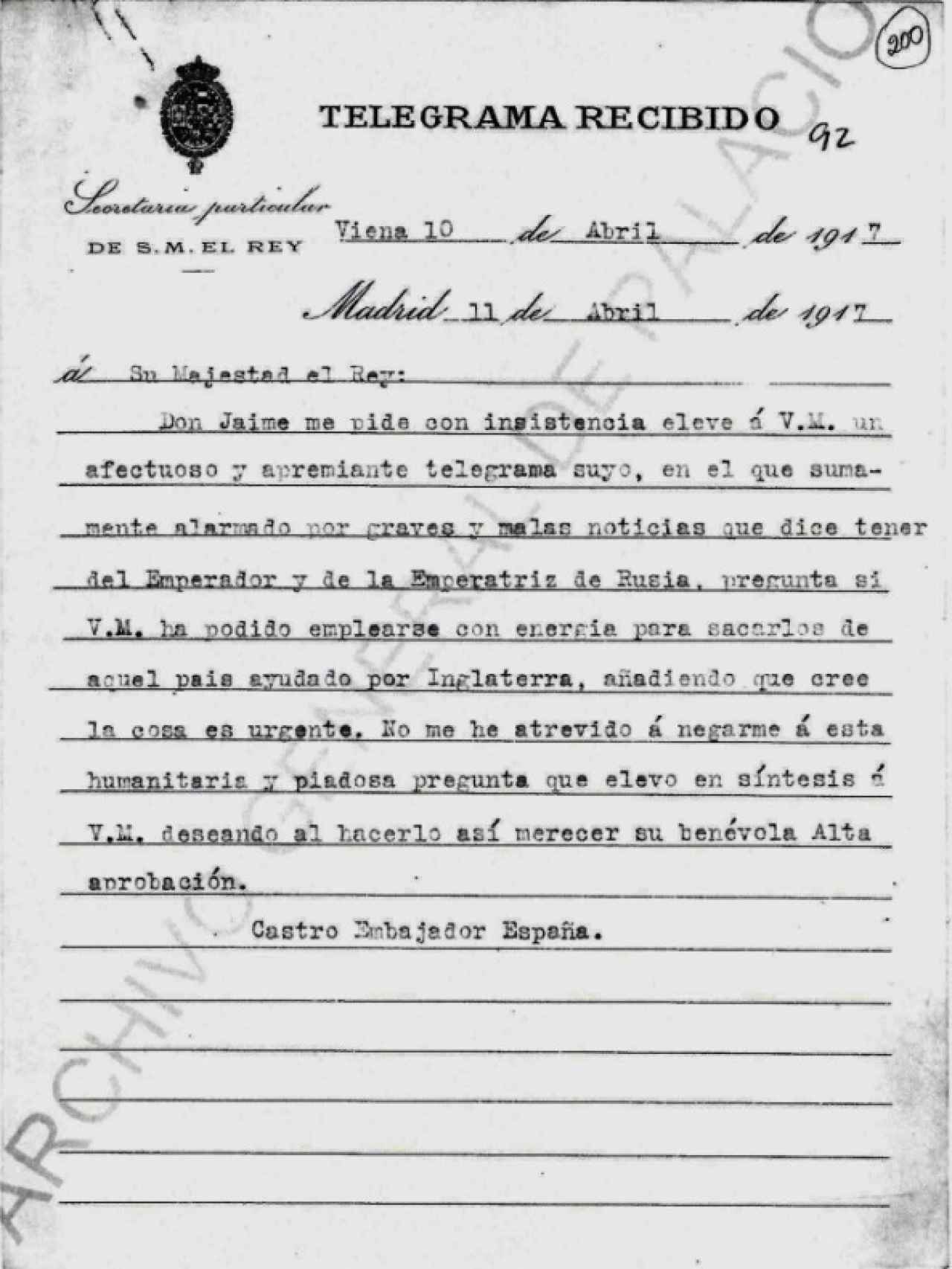 Copia del telegrama enviado desde Viena, con solicitud de Jaime de Borbón.