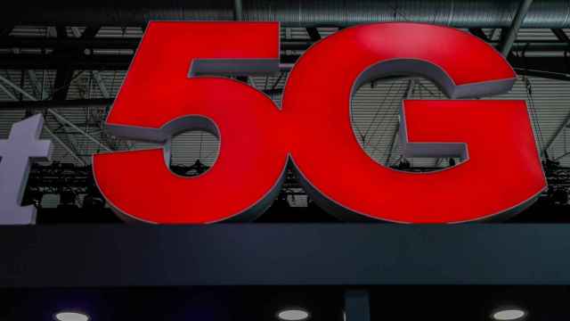 A 5G sign is seen during the Mobile World Congress in Barcelona