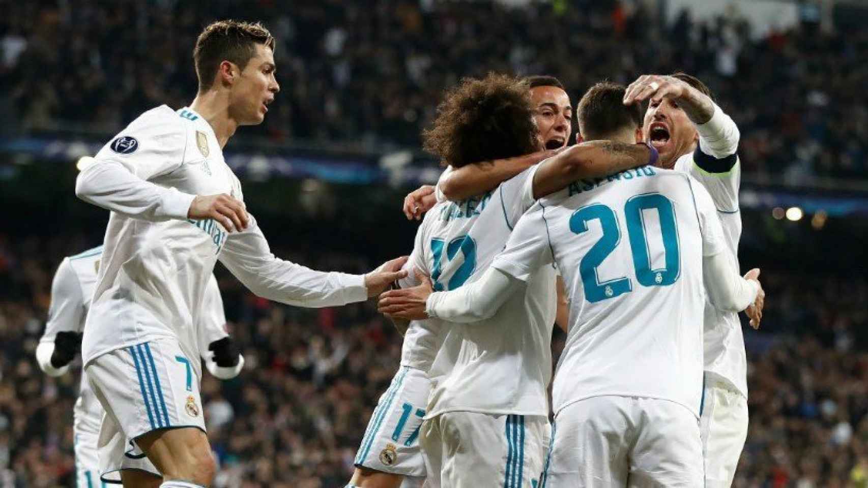 Celebración del Real Madrid por el gol de Marcelo al PSG