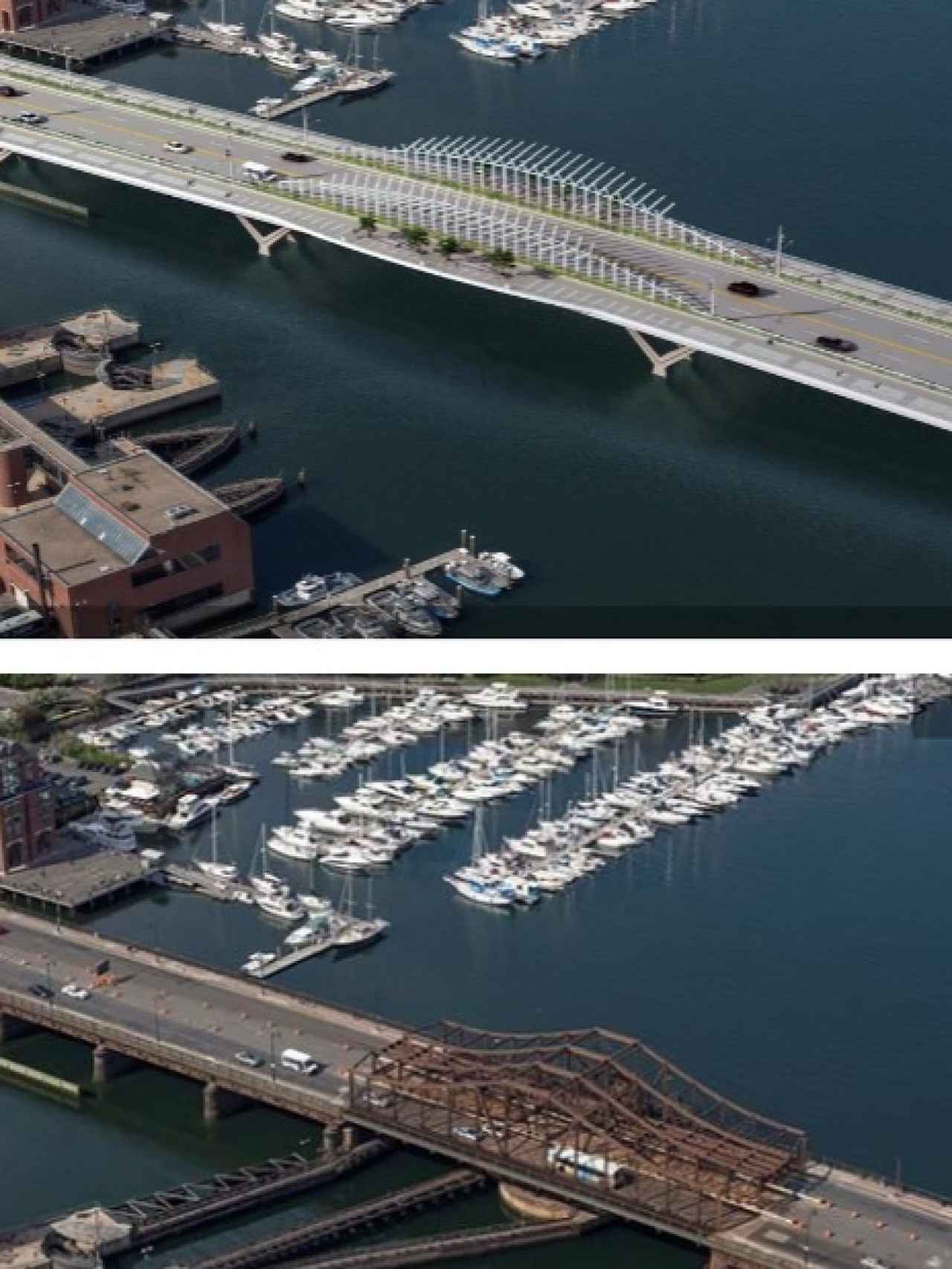 El puente, después y antes de las obras.