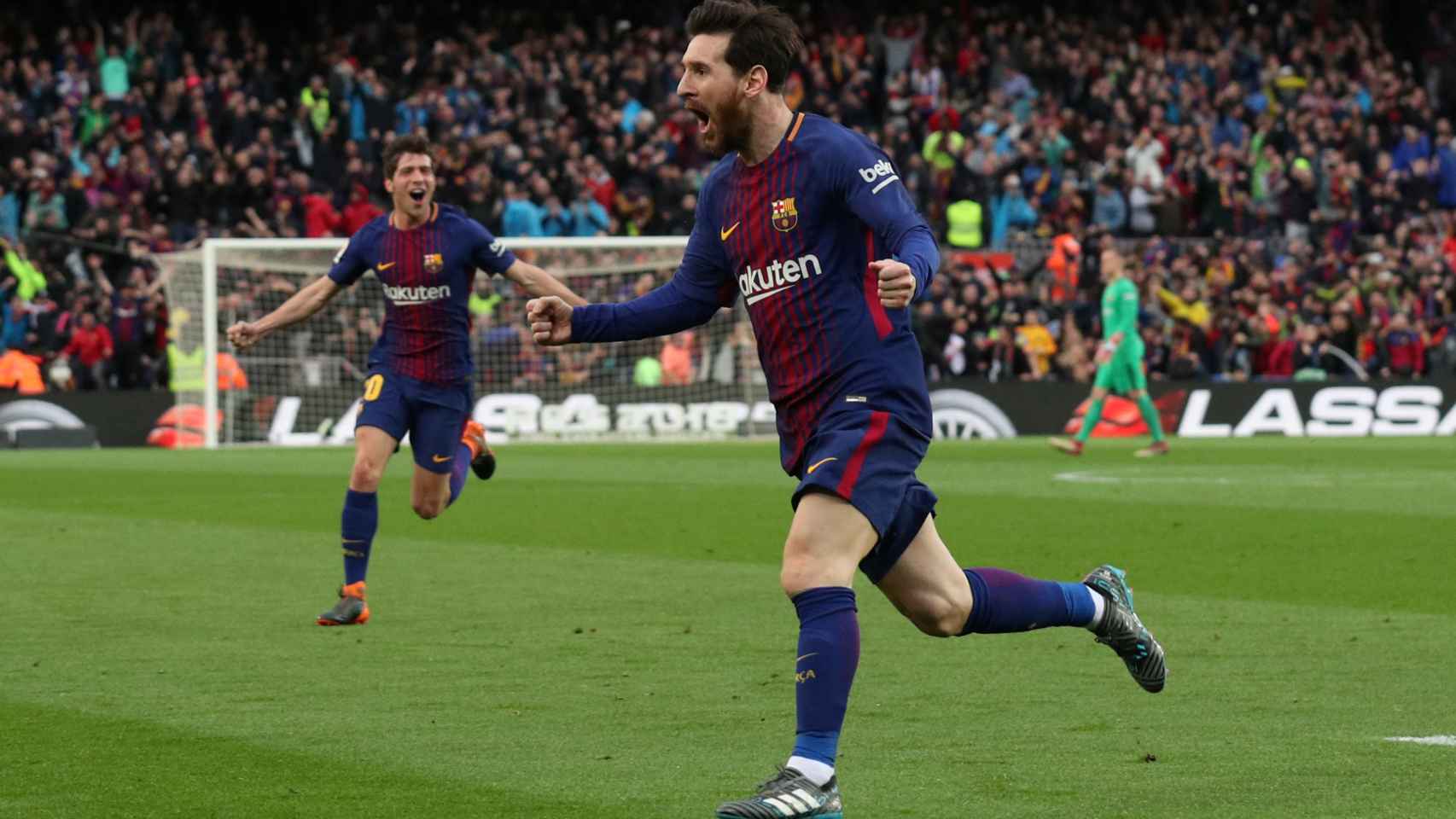 Leo Messi celebra su gol al Atlético.