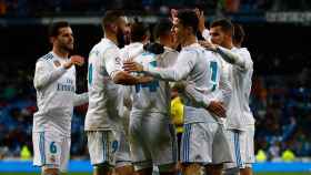 Cristiano Ronaldo celebrando un gol junto al resto de sus compañeros Foto: Pedro Rodríguez/El Bernabéu
