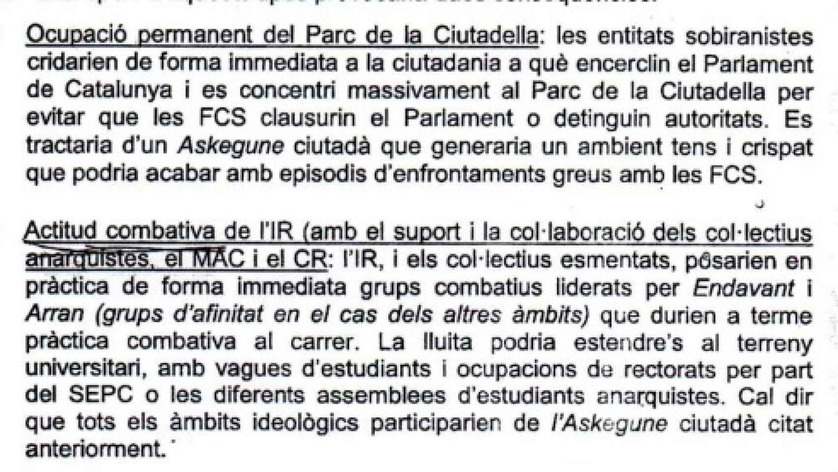 Extracto del informe de los mossos sobre la acampada en La Cuitadella.
