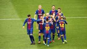 Los jugadores del Barça celebran un gol durante el partido ante Las Palmas. Foto Twitter (@FCBarcelona)