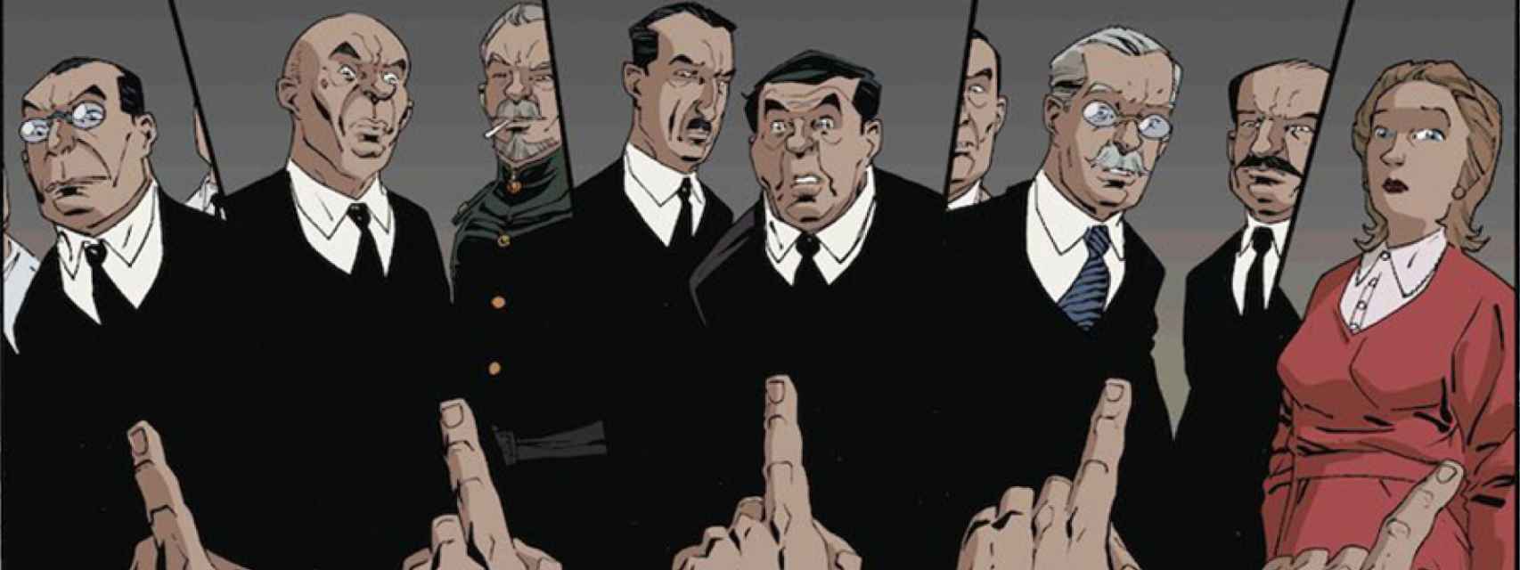 Viñetas del cómic 'La muerte de Stalin', de Thierry Robin y Fabien Nury, en el que se ha inspirado la película. En la imagen aparecen Beria, Kruschev, Malenkov, Molotov y Svetlana Stalin.