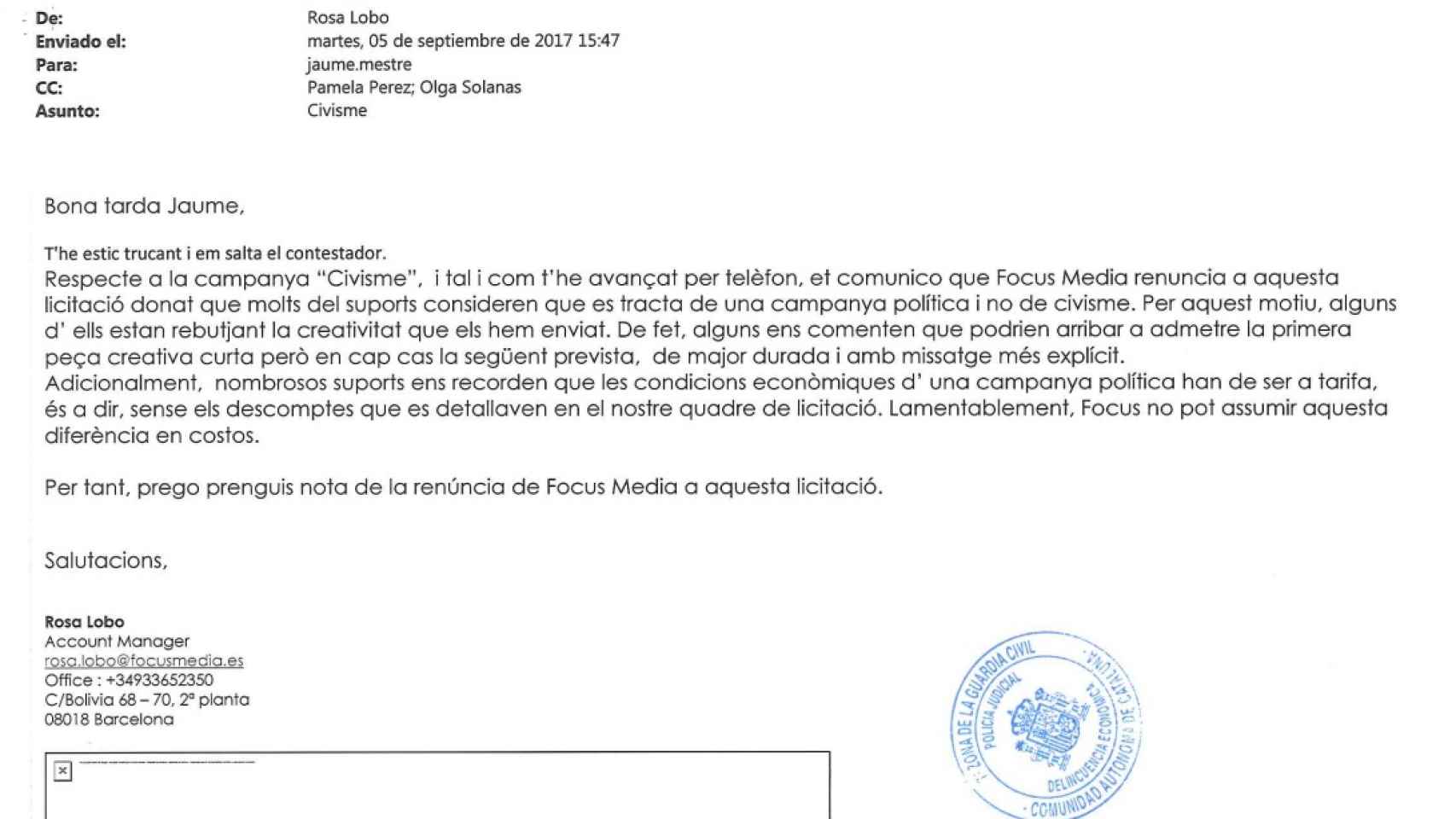 Correo remitido a la Generalitat donde la empresa distribuidora anuncia que los medios se niegan a poner los anuncios.